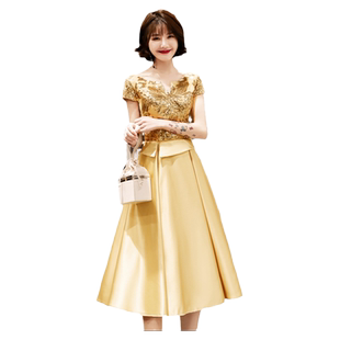 金色晚礼服女气质高端轻奢小众宴会主持人妈妈婚宴连衣裙夏季高贵