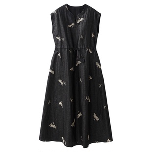 现货 100%桑蚕丝重工刺绣真丝香云纱龟纹连衣裙女夏系带收腰裙子