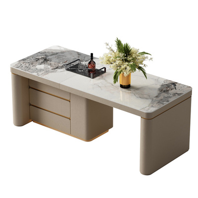 德利丰洞石岩板餐桌电动升降岛台