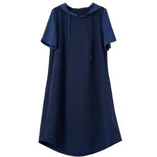 Distin Kidny/迪凯夏季棉质舒适连帽女士短袖文艺休闲中长连衣裙