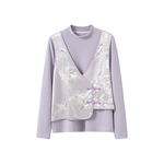 李子木国风半高领加绒T恤女冬季休闲叠穿刺绣马甲假两件打底上衣