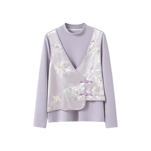 李子木国风半高领加绒T恤女冬季休闲叠穿刺绣马甲假两件打底上衣