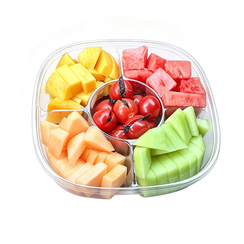 五分格带盖水果切拼盘方形全透明5拼果蔬鲜果打包密封外卖包装盒