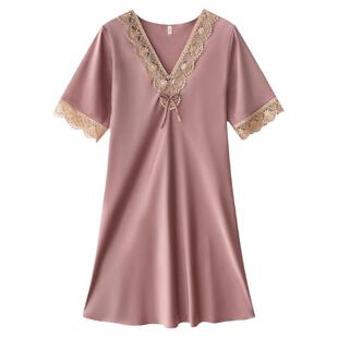 睡衣新款女士夏季冰丝短袖蕾丝性感丝绸睡裙高级感夏天大码家居服