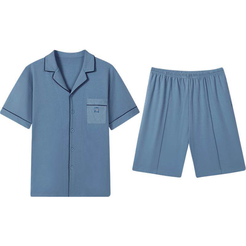 秋鹿简约针织纯棉小翻领情侣睡衣短袖短裤男士家居服女夏薄款套装