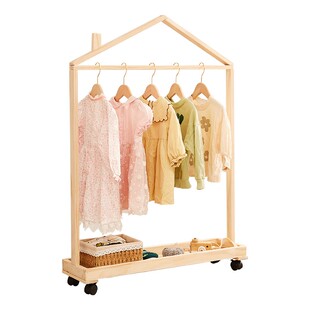 儿童衣架落地移动衣帽架木质小房子挂衣架幼儿园作品展示置物架