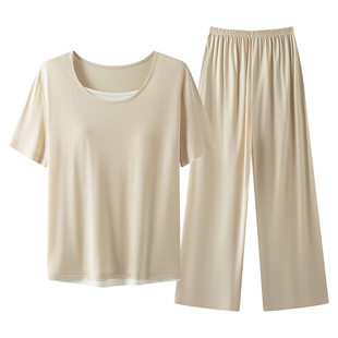 莫代尔带胸垫短袖睡衣女夏单件上衣夏季薄款可外穿凉感家居服套装