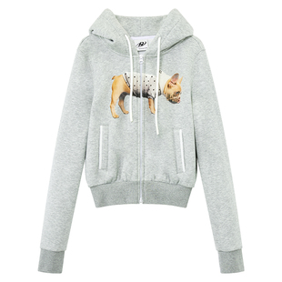 出逃赤岗西 灰色小狗印花短款拉链正肩连帽卫衣外套女春帽衫上衣