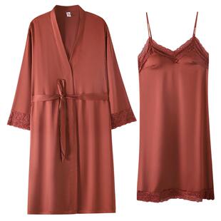 睡衣女款睡袍浴袍春秋款冰丝绸夏季吊带睡裙性感风高级感两件套装