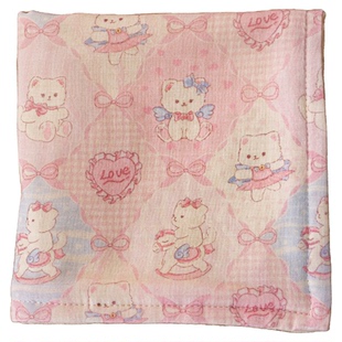 粉色菱格猫咪纯棉a类六层纱布成人套装方巾毛巾全棉吸水洗脸面巾