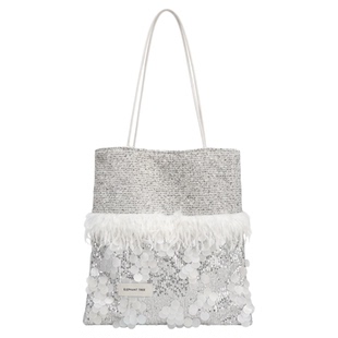 通勤亮片香风单肩包大容量帆布包包托特包白色高级小众设计轻奢