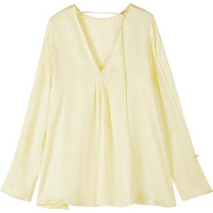 LESS春6A桑蚕真丝前后两穿设计感喇叭袖V领气质法式衬衫2O2212270