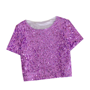 时尚气质圆领闪闪亮片短袖修身显瘦T恤上衣小衫女2026早春新款