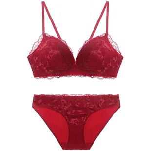 性感蕾丝无钢圈文胸罩本命年红色新娘薄款聚拢防下垂结婚内衣套装