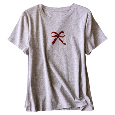 植绒蝴蝶结图案纯棉短袖T恤女
