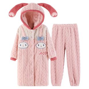 儿童睡衣秋冬季珊瑚绒加绒加厚居家服女童长款睡袍法兰绒亲子套装
