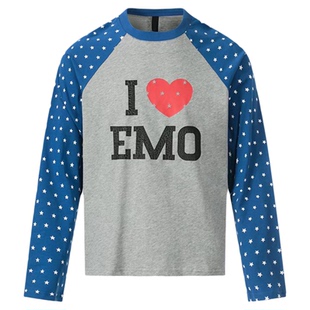 F383 美式复古趣味裂纹印花拼色星星长袖T恤女宽松休闲百搭上衣潮