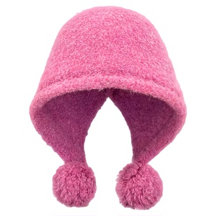 日系复古羊毛毛线帽子女秋冬季护耳保暖克拉法拉毛球显脸小针织帽