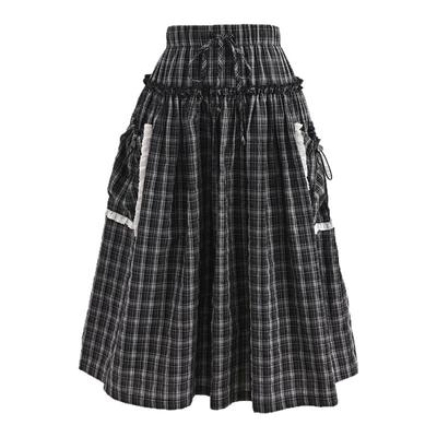 森女部落甜美风拼接设计感格子半身裙女2025新款大裙摆A字裙冬季