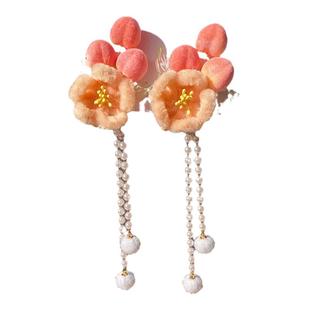 原创小桃仙汉服发夹绒花头饰少女可爱花朵古风流苏对夹百搭配饰品