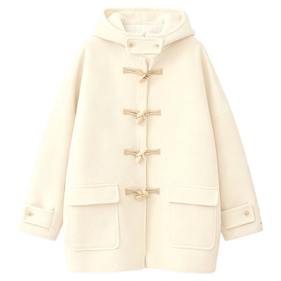 现货！OUNCE牛角扣羊毛大衣韩国25冬新减龄学院风纯色连帽外套女