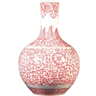 小花瓶釉里红陶瓷摆件 景德镇仿古手绘红色瓷器 博古架客厅装饰品