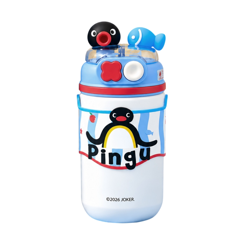 Pingu企鹅正版保温杯儿童便携背带双饮杯高颜值少女心弹盖吸管杯