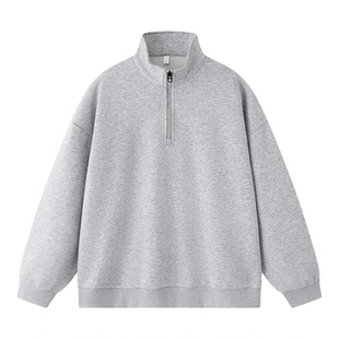 悟空有货春季潮牌纯色半拉链立领卫衣男复古宽松情侣百搭套头上衣