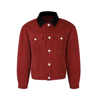 s45植绒牛仔宫廷红夹克2025秋季短款高级设计感显白宽松外套男