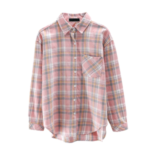韩国2026新款粉色格子长袖衬衫女春秋慵懒宽松中长款衬衣休闲外套