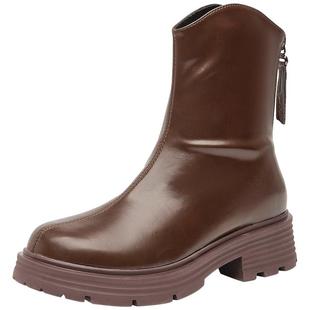 大东短靴女鞋冬季时尚潮流舒适简约车缝线圆头粗跟鞋0656