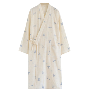 全棉皱皱纱中式汉服和服春秋夏季女睡袍薄款纯棉汗蒸浴袍睡衣睡裙
