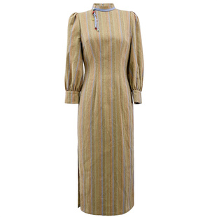 蝶恋春秋款旗袍复古民国风长袖修身改良款条纹崔万志旗袍连衣裙