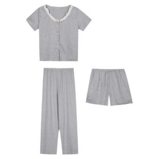 馨帮帮Homedress 蕾丝领条纹纽扣短袖睡衣女薄款家居服套装可外穿