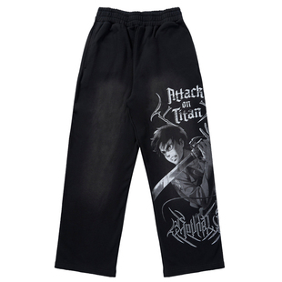 YOUNGLA联名动漫Attack on Titan宽松毛圈棉直筒长裤运动休闲裤子