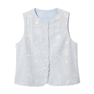 蓝语大码女装【蓝调绮丽】优雅提花马甲蕾丝上衣显瘦牛仔裤春套装