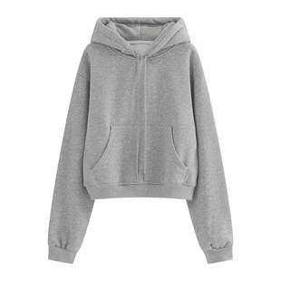 短款连帽灰色加绒卫衣女款秋冬新款套头宽松韩系慵懒风小个子上衣