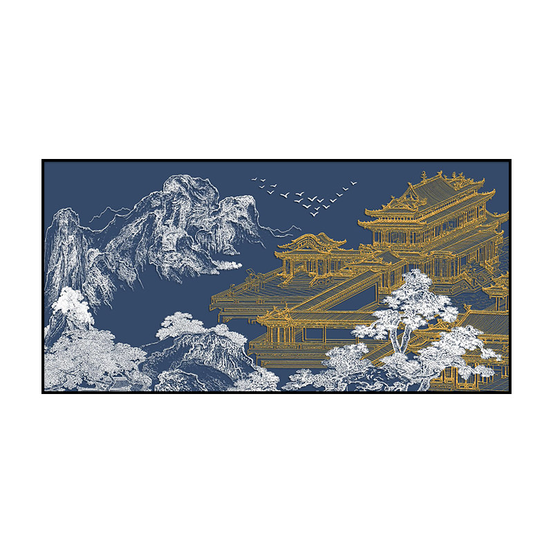 新中式客厅肌理山水楼阁装饰画