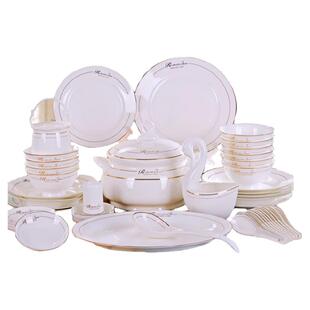 送2面碗碟56头景德镇镶金骨瓷餐具套装北欧风格礼品陶瓷家用正品