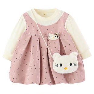 女童长袖连衣裙春秋薄款婴儿童女宝宝卡通波点假两件花苞公主裙子