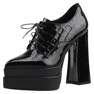 misili 12.5cm漆皮粗跟单鞋女2025春季新款高跟鞋系带防水台女鞋