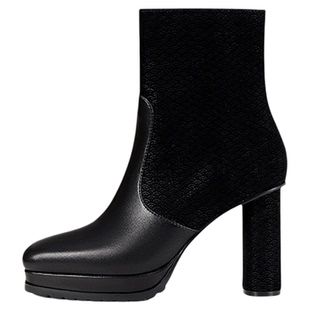 LINGMEICHEN防水台高跟鞋短靴真皮粗跟厚底增高10cm超高跟靴子女