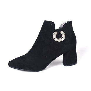 35-39牛皮 BABORER 猪皮里2025冬新款水钻高跟女马丁粗低跟短靴子