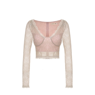 思瑞 纯欲白茶大v领显胸大蕾丝衫 绝美百搭设计感显瘦长袖打底衫