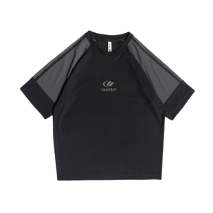 高端设计感拼接短袖男宽松大码夏季弹力冰丝t恤薄款速干半袖上衣