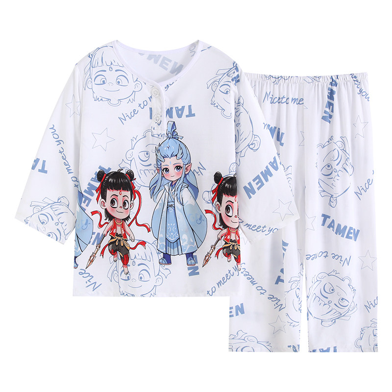 夏季儿童睡衣棉绸家居服长袖套装