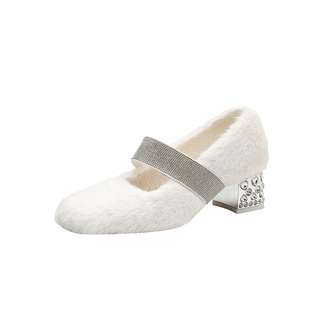 白色绝美保暖玛丽珍毛毛鞋女冬季加绒棉鞋法式水钻5cm高跟鞋粗跟