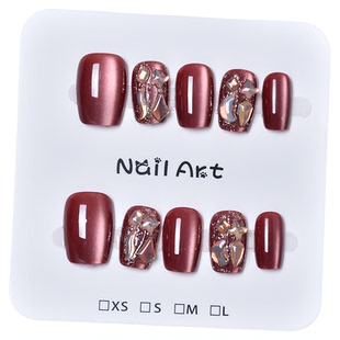 显白红色穿戴甲短款手工猫眼指甲贴片新年2026新款穿戴美甲秋冬