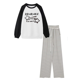 运动服套装女秋冬加绒阔腿裤子条纹裤冬季小个子卫衣圆领套头上衣