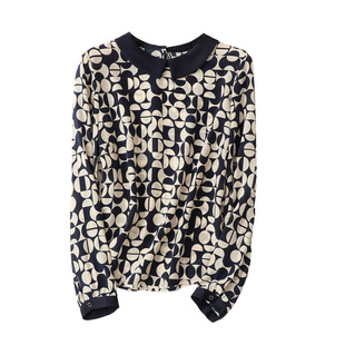 几何印花娃娃领真丝衬衫女2025新款春季轻奢高级感长袖桑蚕丝上衣